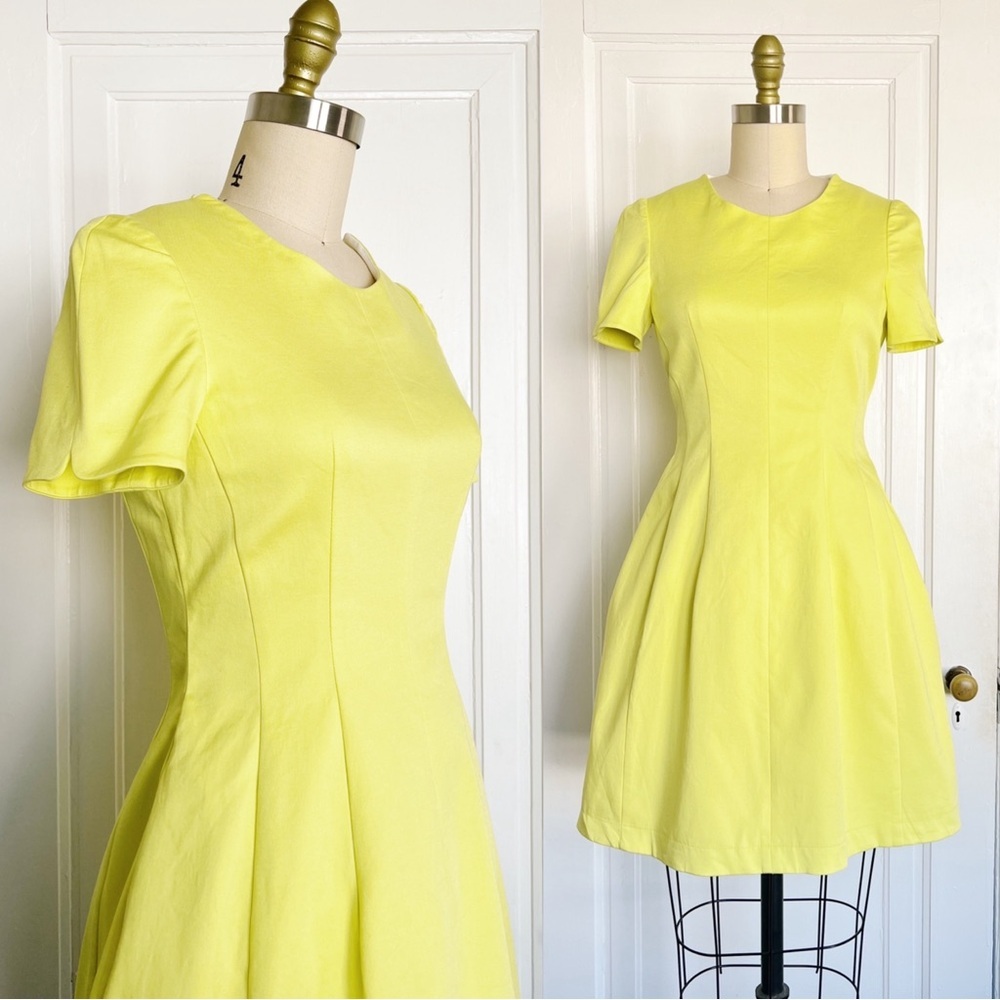 McGinn • Taylor Dress fit & flare polished cotton lemon yellow chartreuse Anthro